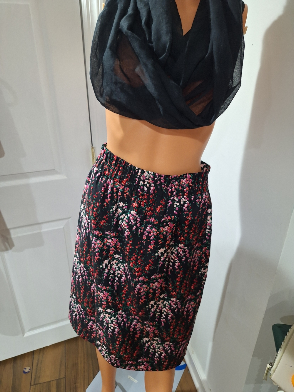J. Crew Black Midi Skirt with Pink and Red Floral Print